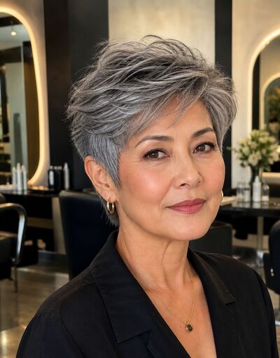 coupe courte effilée cheveux gris pour un côté moderne et affirmé